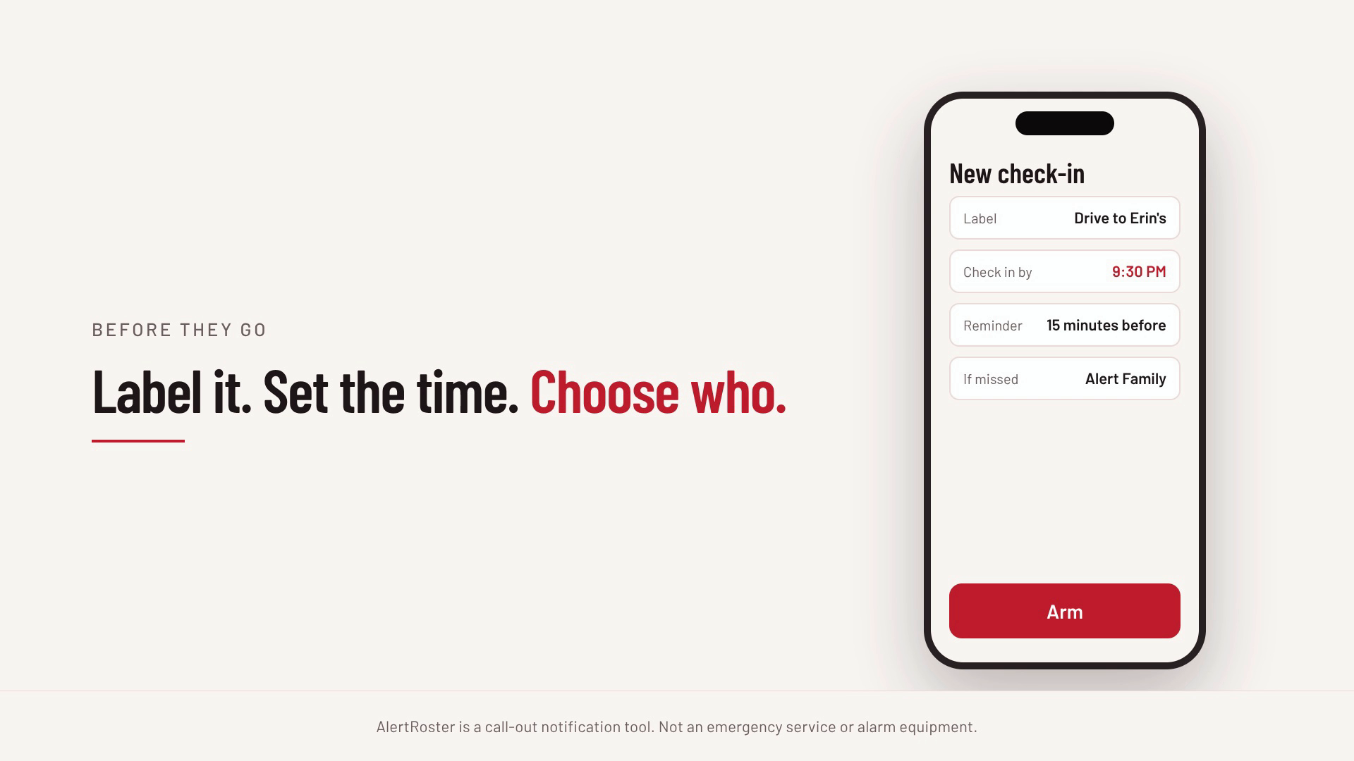 Arming a check-in: the window, and who is on the roster.